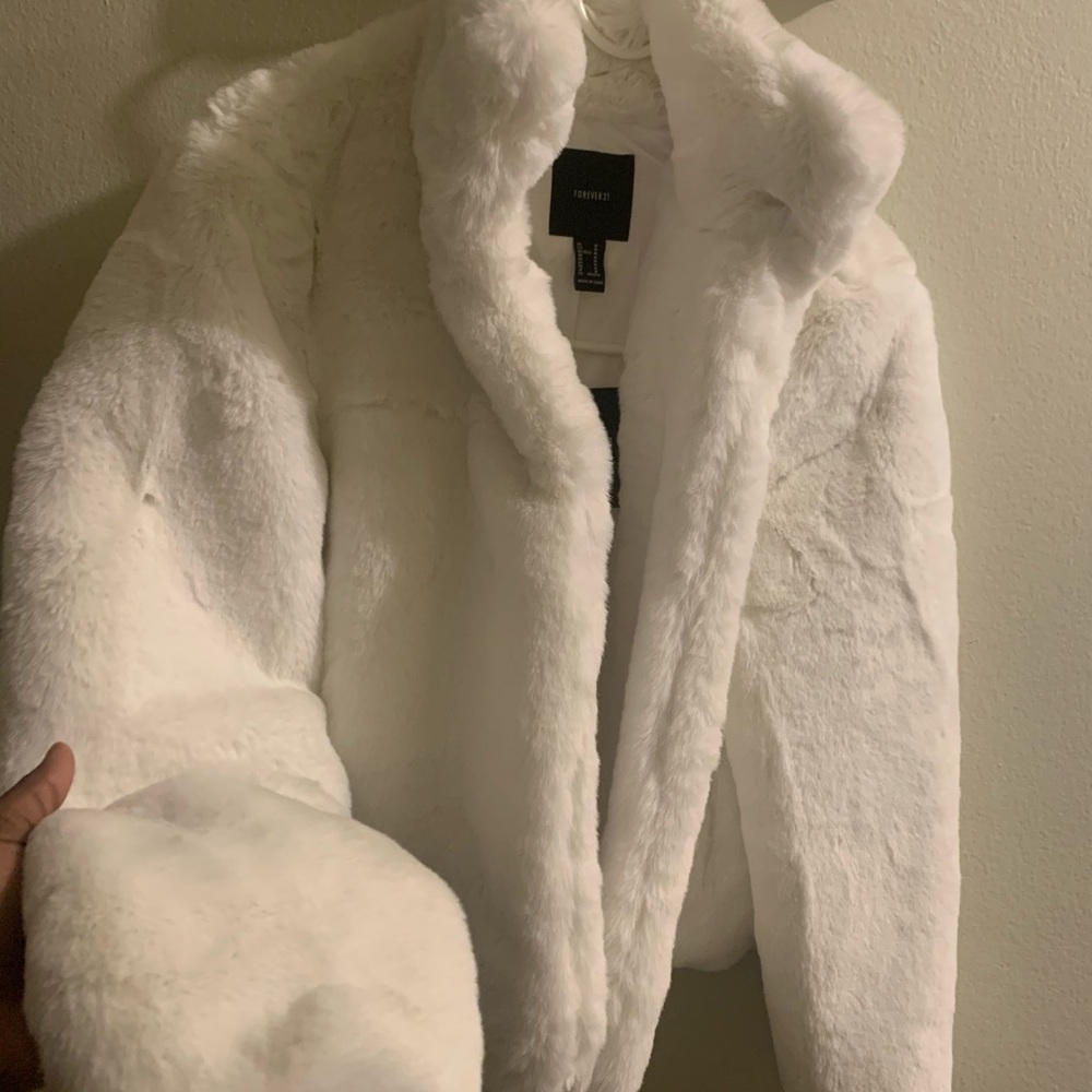 white faux fur coat